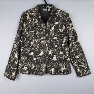 Chicos Size L Zip Up Quilted Heritage Jacket Black Cream Floral Embroidered